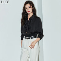 LILY2024夏女装浪漫花边领垂坠感光泽显瘦收腰短款雪纺衫衬衫 510黑 L