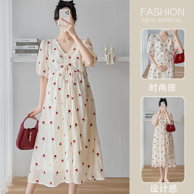 苒琦妈咪夏装连衣裙2024甜美夏季短袖夏季裙子时尚夏天薄款裙子 图片色 XL