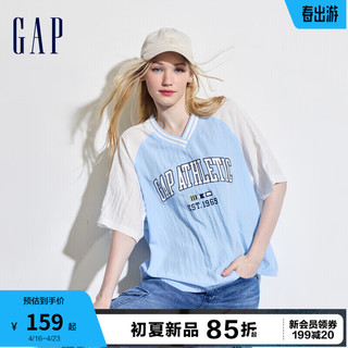 Gap女装2024夏季肌理感logo撞色插肩短袖宽松上衣465685 蓝色 155/76A(XS) 亚洲尺码