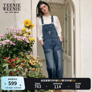 TEENIE WEENIE 小熊女装2024春夏宽松直筒牛仔背带裤牛仔裤长裤 中蓝色 170/L