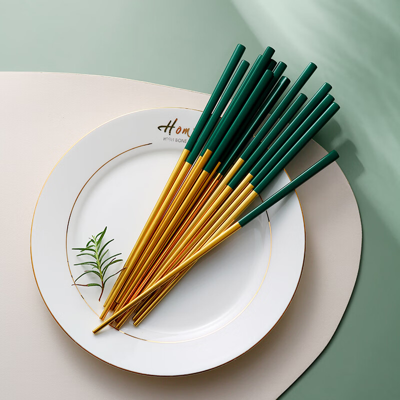 古莜 筷子304不锈钢家用北欧筷子5双10双家庭装筷子套装 绿金筷子-5双
