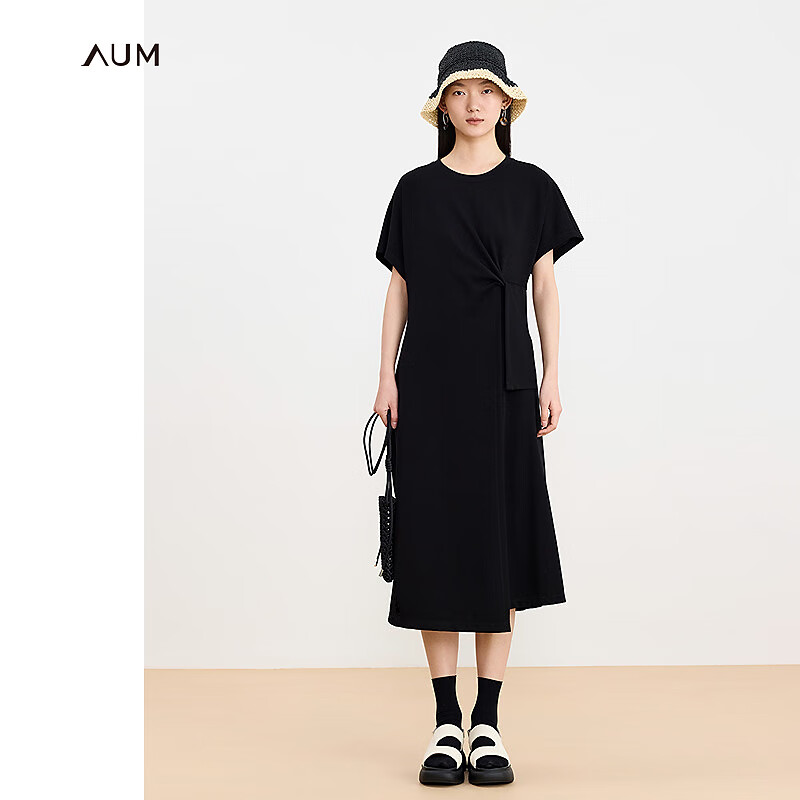 噢姆（AUM）24夏抗菌针织空气层不对称设计感连衣裙 黑色 S
