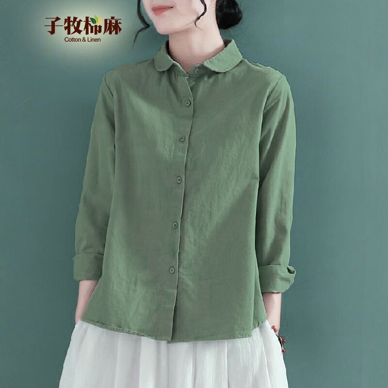 子牧棉麻 装 女韩版百搭娃娃领时尚休闲宽松长袖衬衫3598 绿色 S(100斤以内)