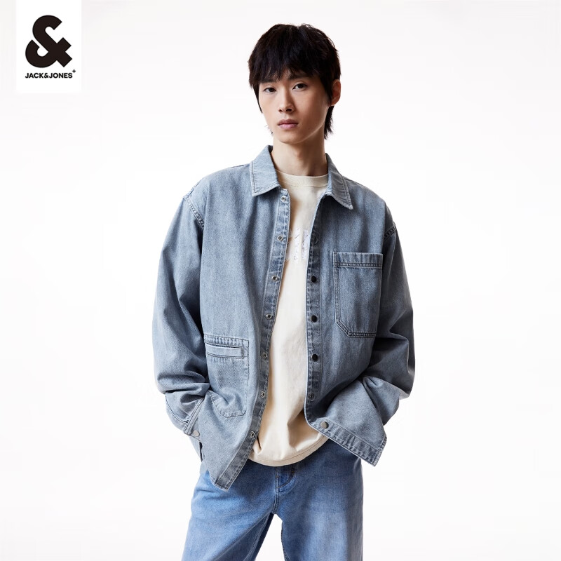 杰克·琼斯（JACK&JONES）春装外套街头休闲纯色衬衣宽松纯棉衬衣牛仔长袖衬衫男装男士 E40浅牛仔蓝 185/104A/XL