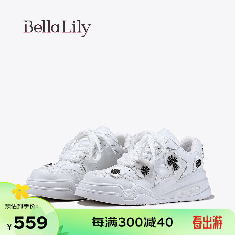 Bella Lily2024春季黑白拼色松糕板鞋女牛皮休闲鞋显瘦运动鞋 白色 39