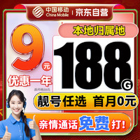中國移動 CHINA MOBILE 中國移動流量卡9元188G全國通用超低月租5g長期手機卡電話卡不變學生卡純上網大王卡