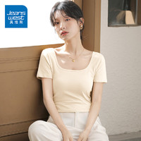 JEANSWEST 真维斯 短袖t恤女夏季衣服紧身短t女装短款辣妹女生小众修身方领显瘦半袖 杏色 纯色 M