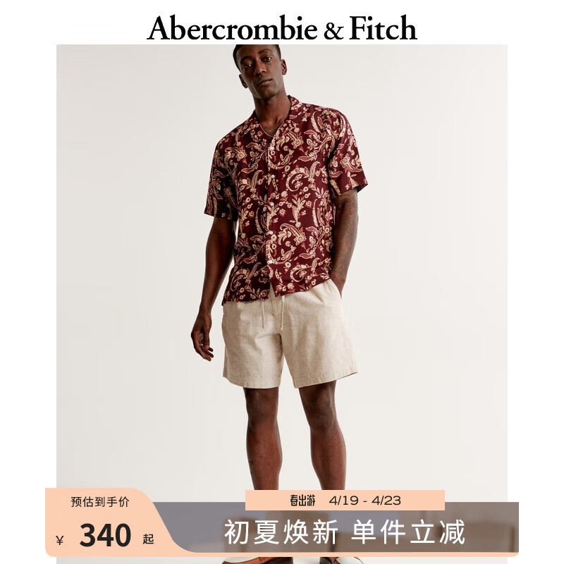 ABERCROMBIE & FITCH男装 24春夏亚麻混纺松紧腰短裤 358798-1 浅棕色织纹 L (180/86A)