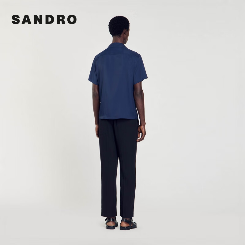 SANDRO2024春夏男装法式简约深蓝色鲨鱼领短袖衬衫SHPCM01017 深蓝色 XS