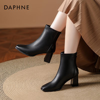 DAPHNE 達芙妮 真皮加絨法式短靴女2023年冬季新款方頭瘦瘦靴百搭高跟鞋