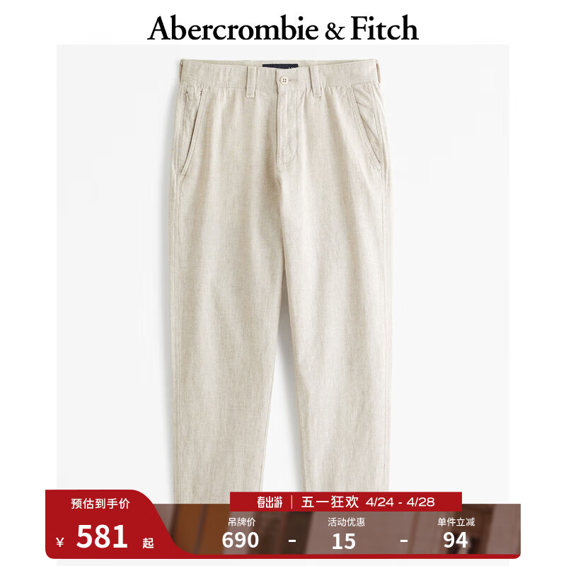 ABERCROMBIE & FITCH男装 24春夏直筒亚麻混纺休闲长裤 KI130-4028 米色织纹 30/30