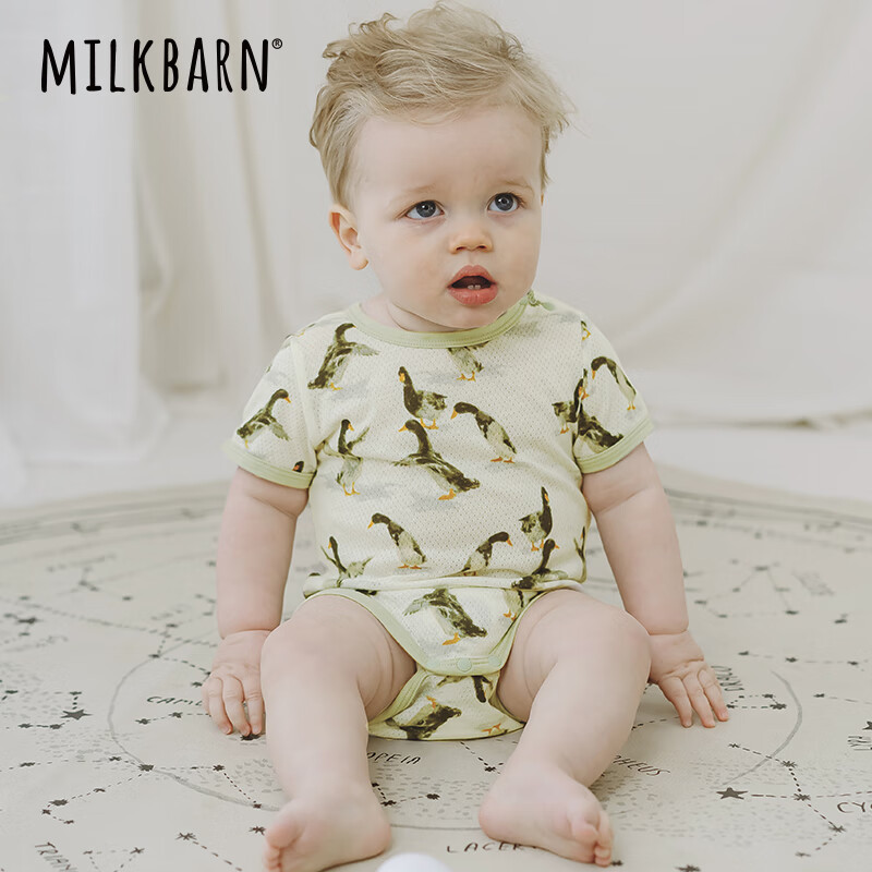 Milkbarn2024婴儿短袖包屁衣新生儿纯棉哈衣宝宝爬爬服两件套 小鸭子-浅绿条纹 66cm(3-6m)