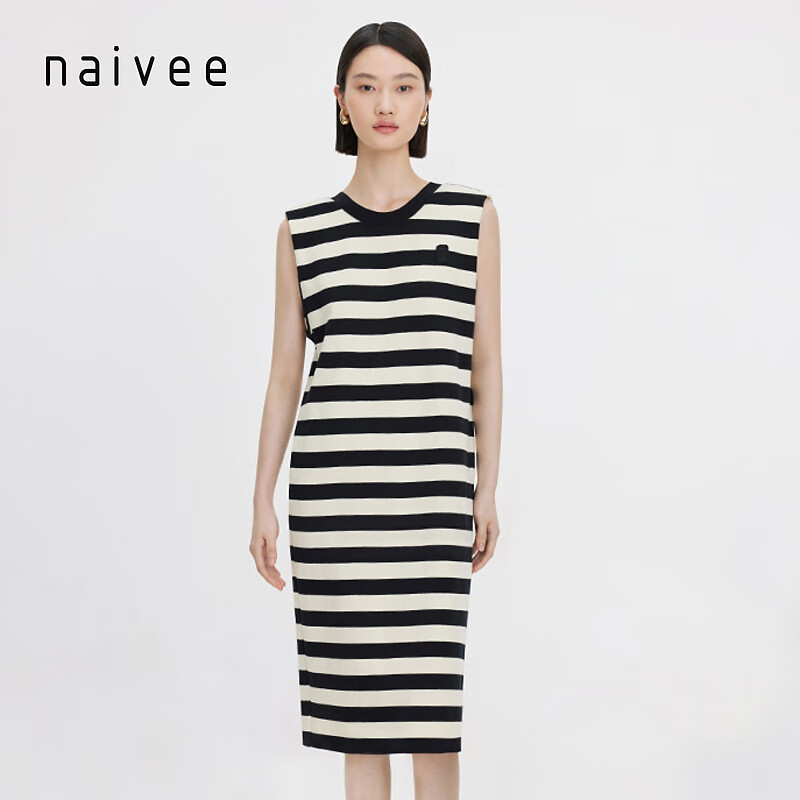 纳薇（naivee）naivee纳薇24夏休闲钢琴黑白条纹针织连衣裙无袖T恤背心裙 米色  预计5月19日前 155/80A/S
