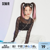 Semir 森馬 長袖T恤女扎染字母多彩網紗打底衫2023夏季新款輕薄彈力上衣