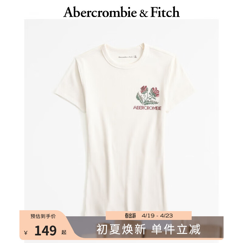 Abercrombie & Fitch 女装 24春夏可塞折碎花Logo款圆领时尚T恤 358156-1 奶油色 L (165/104A)