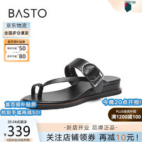 BASTO 百思图 2024夏时尚复古休闲户外一字带坡跟女拖鞋M1071BT4 黑色 35