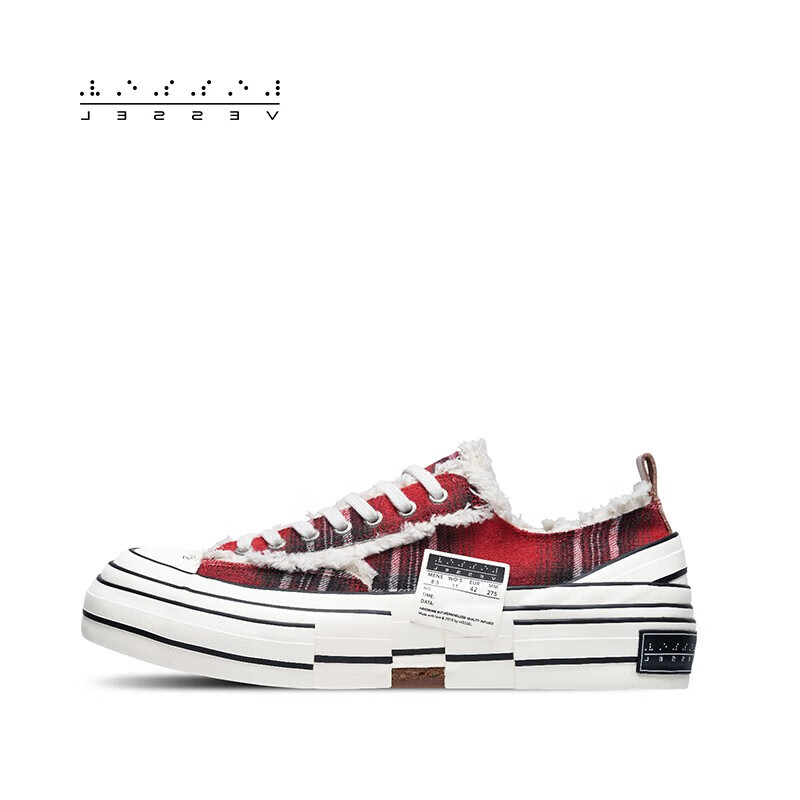 XVESSEL【4/26 12点】图纹系列同款低帮帆布鞋个性设计款硫化鞋 红色格纹F22X91R 37