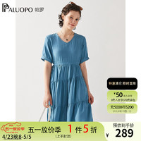 帕罗（PALUOPO）纯色V领连衣裙女装气质短袖A字收腰显瘦中长裙夏季仙女2024 蓝色 M(160/84A)