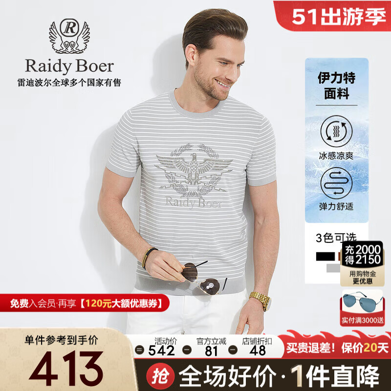 Raidy Boer/雷迪波尔男【伊力特ELITE】刺绣烫钻飞鹰短袖T恤7018 灰条 165/46/S