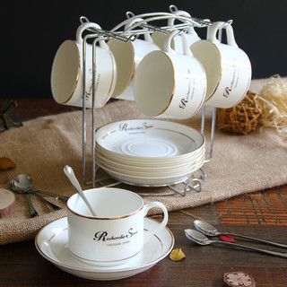 品来运 欧式咖啡杯套装下午茶茶具骨瓷金边简约咖啡杯6件套碟勺带架子 金边骨瓷咖啡杯6杯碟+架子