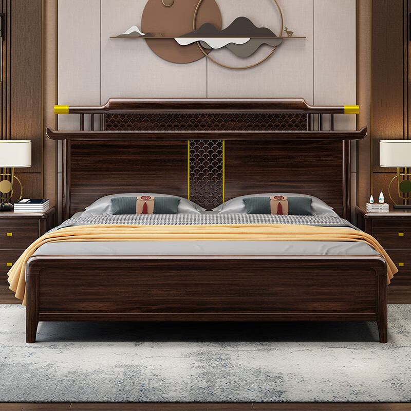 公熊实木床 床新中式卧室双人床乌金木现代简约储物主卧婚床 床+独立弹簧床垫 1.5米框架床