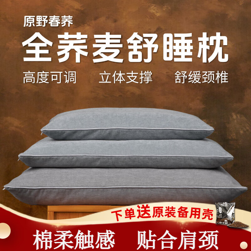 原野春荞全荞麦皮枕头枕芯护颈舒睡枕成人儿童四季适用单人家用多尺寸 银月灰 大号(防漏双层芯)