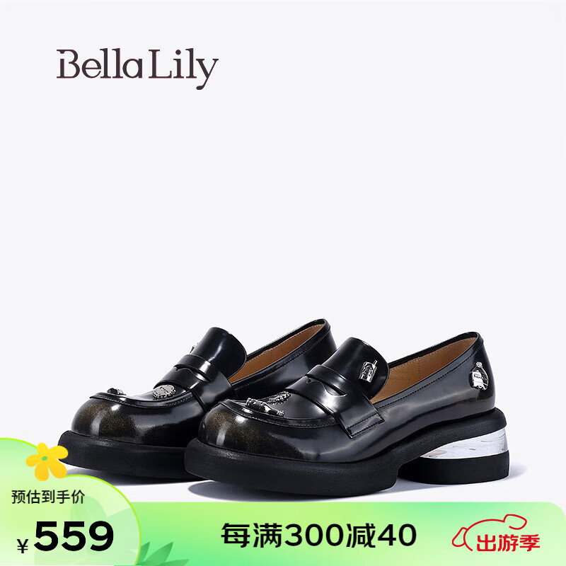 Bella Lily2024春季欧美潮流乐福鞋女气质增高单鞋休闲小皮鞋 黑色 35