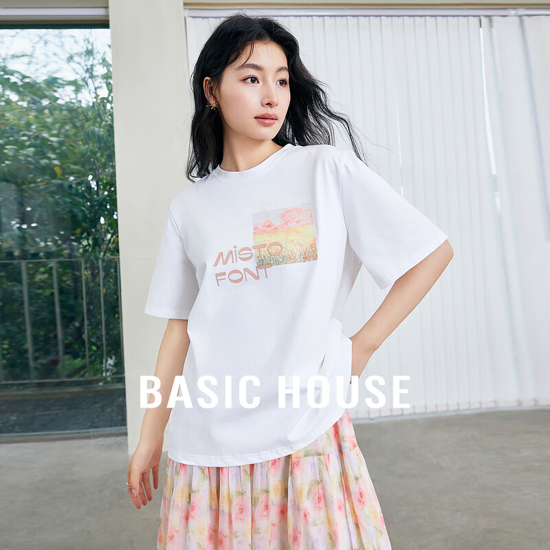 百家好（Basic House）字母油画印花T恤设计感短袖白色上衣夏季B0624H5X212 白色 S