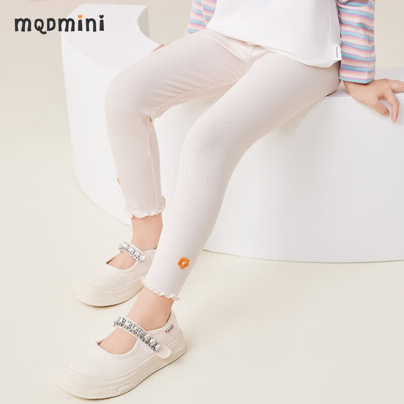 MQDMINI童装儿童裤子女童打底裤中小童休闲长裤宝宝衣服ZQ 立体花打底裤米白 80