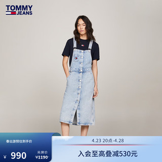 TOMMY JEANS 24春夏女装复古铆钉排扣宽松中长牛仔背带裙DW0DW17207 牛仔蓝1AB L