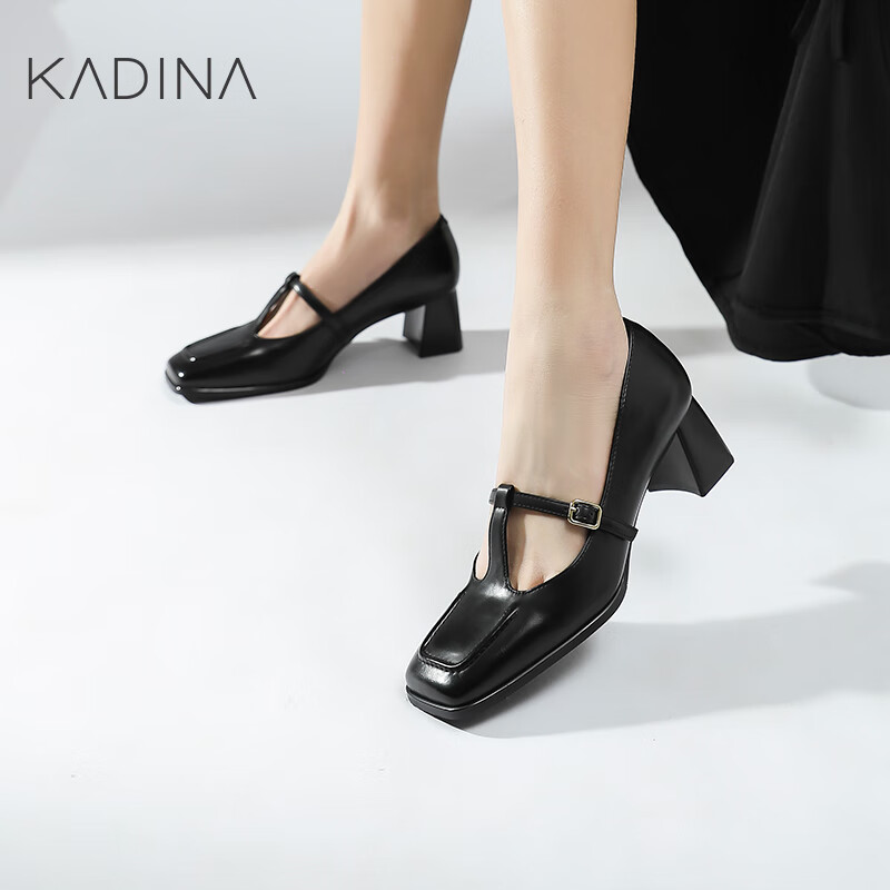 卡迪娜卡迪娜24年春季时装单鞋方头粗跟休闲女鞋KWS240106 KWS240106-黑色 34