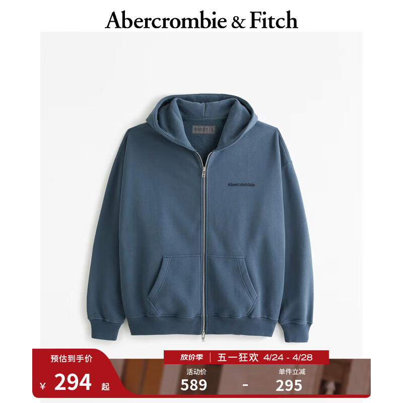 ABERCROMBIE & FITCH男装 24春夏百搭时尚Logo 款全拉链帽衫 KI122-4251 蓝色 S