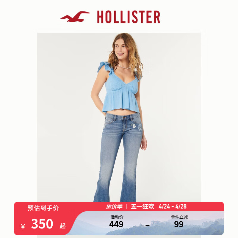 HOLLISTER24年春夏修身刺绣低腰复古喇叭牛仔裤 女 357402-1 中间色水洗 000 (160/58A)