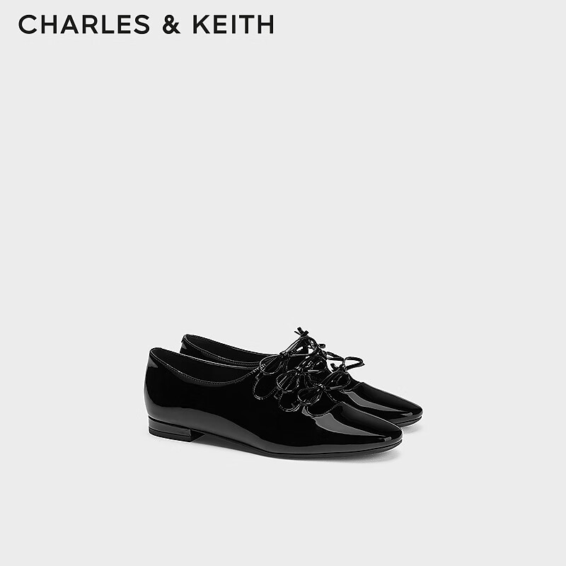 CHARLES&KEITH24夏季蝴蝶结漆皮平底玛丽珍鞋女CK1-70900519 Black Patent黑色 36