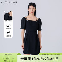 阿依莲（A.YILIAN）赫本风方领连衣裙女2024夏季设计感收腰显瘦吊带小黑裙 黑色 XL