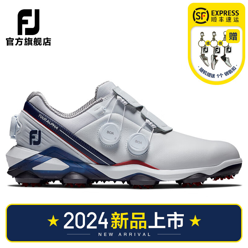 FootJoy 高尔夫球鞋FJ男士Tour Alpha专业竞技防滑防泼水有钉稳定运动鞋 白/红/海军蓝-55542 6.5=39码