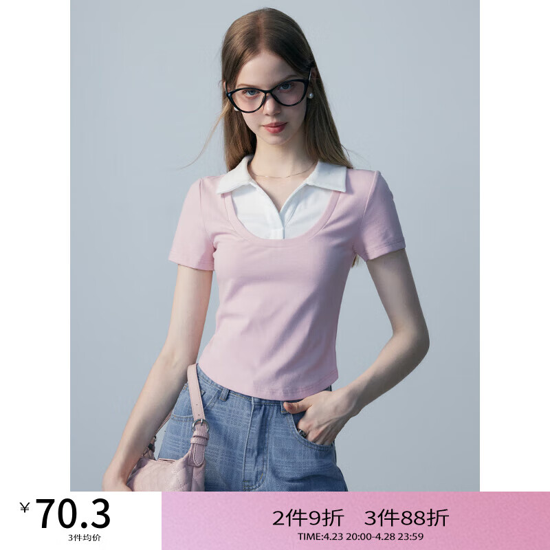 EGGKA 假两件撞色T恤女2024年春夏休闲修身显瘦POLO领拼接短袖 粉色 M
