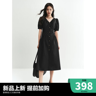 太平鸟女装气质V领连衣裙夏季纯色法式茶歇裙小众洋气小黑裙 黑色(第一批) S