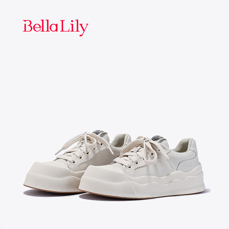 Bella Lily2024春季欧式真皮小白鞋女厚底板鞋牛皮时尚休闲鞋 米白 35