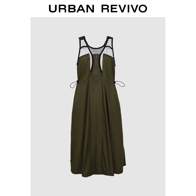 UR2024夏季女户外工装风设计感拼接肩带连衣裙UWV740055 深棕绿 XS