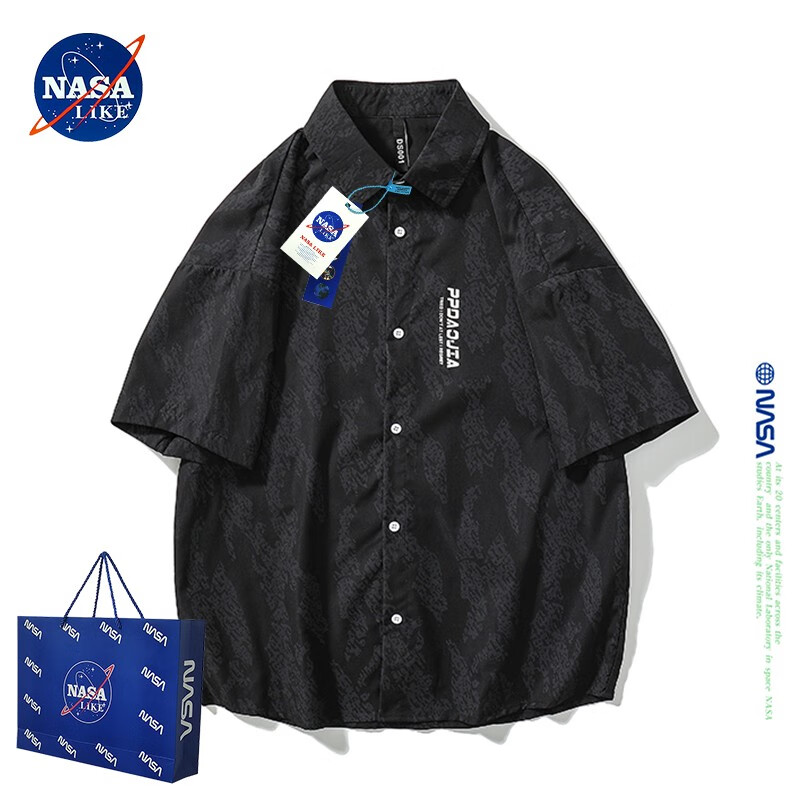 NASA LIKE潮牌衬衫夏季冰丝短袖男女日系宽松休闲衬衣百搭青少年上衣 NASA联名-黑色 XL（125-145斤）