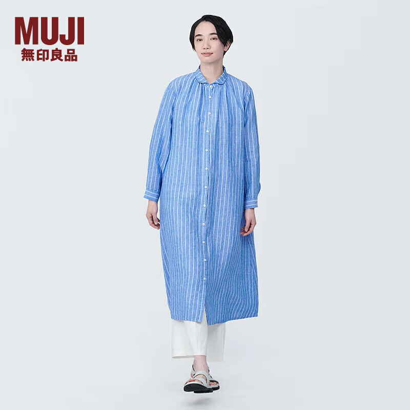 无印良品（MUJI）女式 麻 水洗 长袖衬衫连衣裙 女装裙子夏季汉麻衬衫裙BC2JKA4S 蓝色条纹 M  160/84A