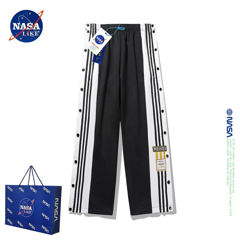 NASA LIKE潮牌美式排扣裤秋季直筒全开条纹休闲卫裤运动裤篮球长裤子 NASA联名-黑色 2XL