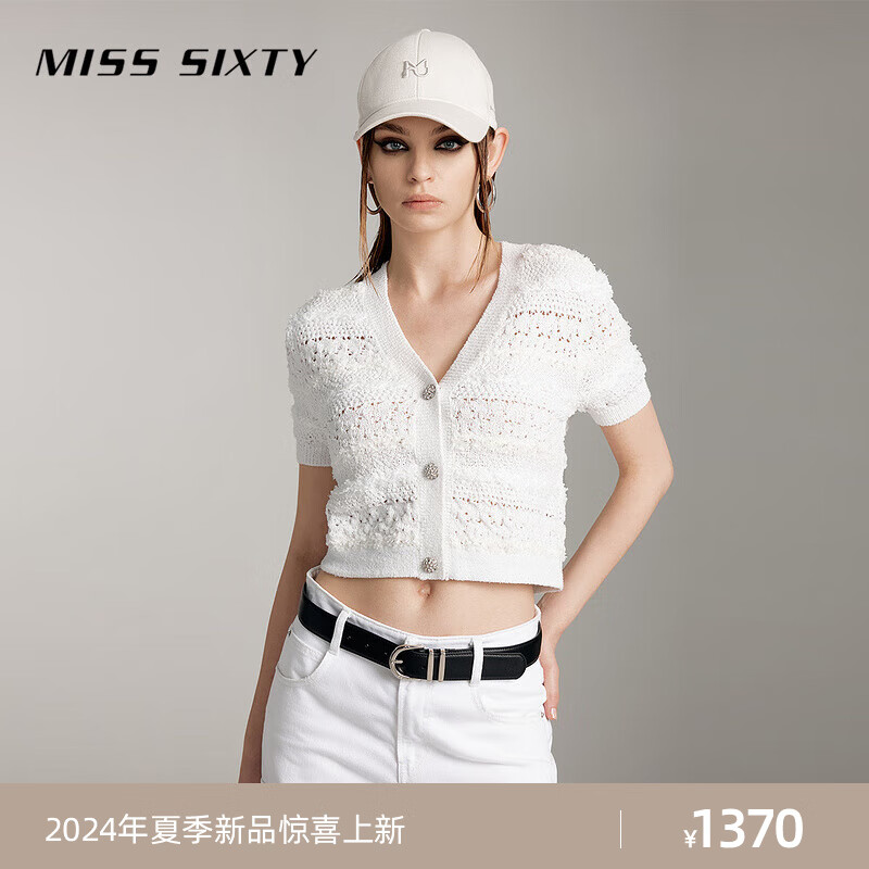 MISS SIXTY2024夏季白色短袖针织衫女V领镂空钩花钻饰短上衣 白色 XS
