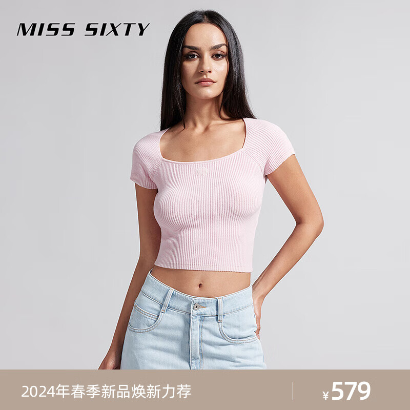 MISS SIXTY2024夏季针织衫女套头方领修身显瘦辣妹风含桑蚕丝 粉红 M