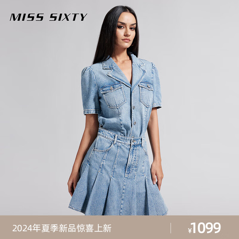 MISS SIXTY2024夏季牛仔连衣裙女翻领短袖假两件百褶裙减龄风 中蓝 S