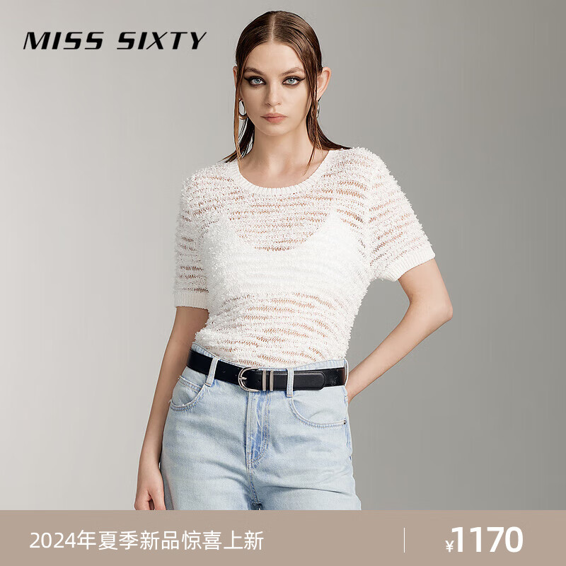 MISS SIXTY2024夏季针织衫女圆领甜美撞色镂空小香风短款上衣 白色 XS