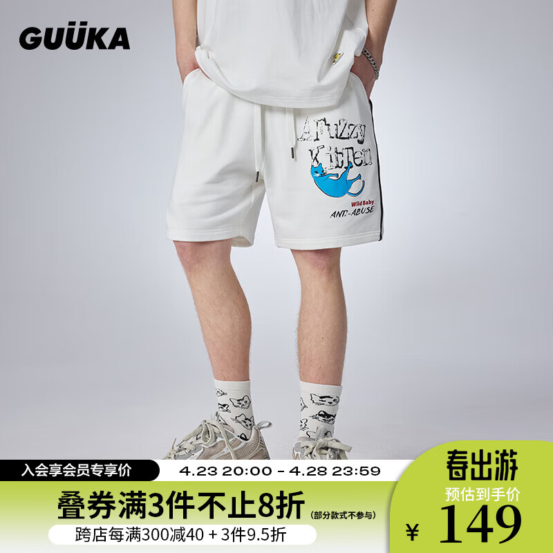 古由卡（GUUKA）美式街头重磅休闲短裤男夏潮 猫咪插画时尚五分裤宽松百搭 白色 S