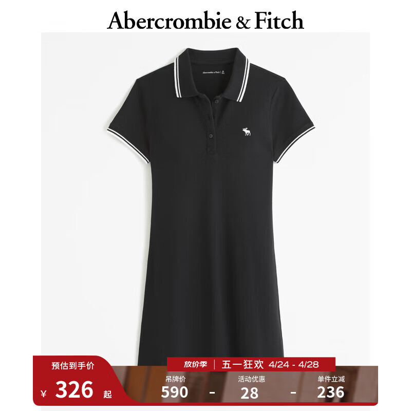 ABERCROMBIE & FITCH女装 24春夏百搭休闲小麋鹿Polo翻领连衣裙 357755-1 黑色 160/80A XXS标准版