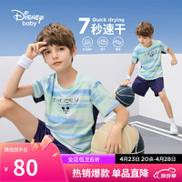 迪士尼（DISNEY）童装男童速干短袖套装防晒高弹T恤短裤两件套24夏DB421UE01蓝100 蓝绿晕染条